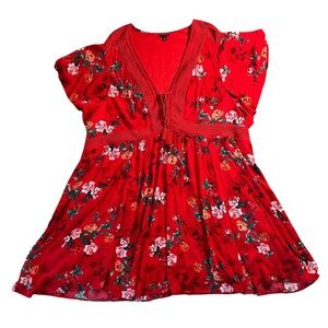 Torrid Red Floral Mini Skater Dress Flutter Short Sleeve Size 6 Preppy Boho